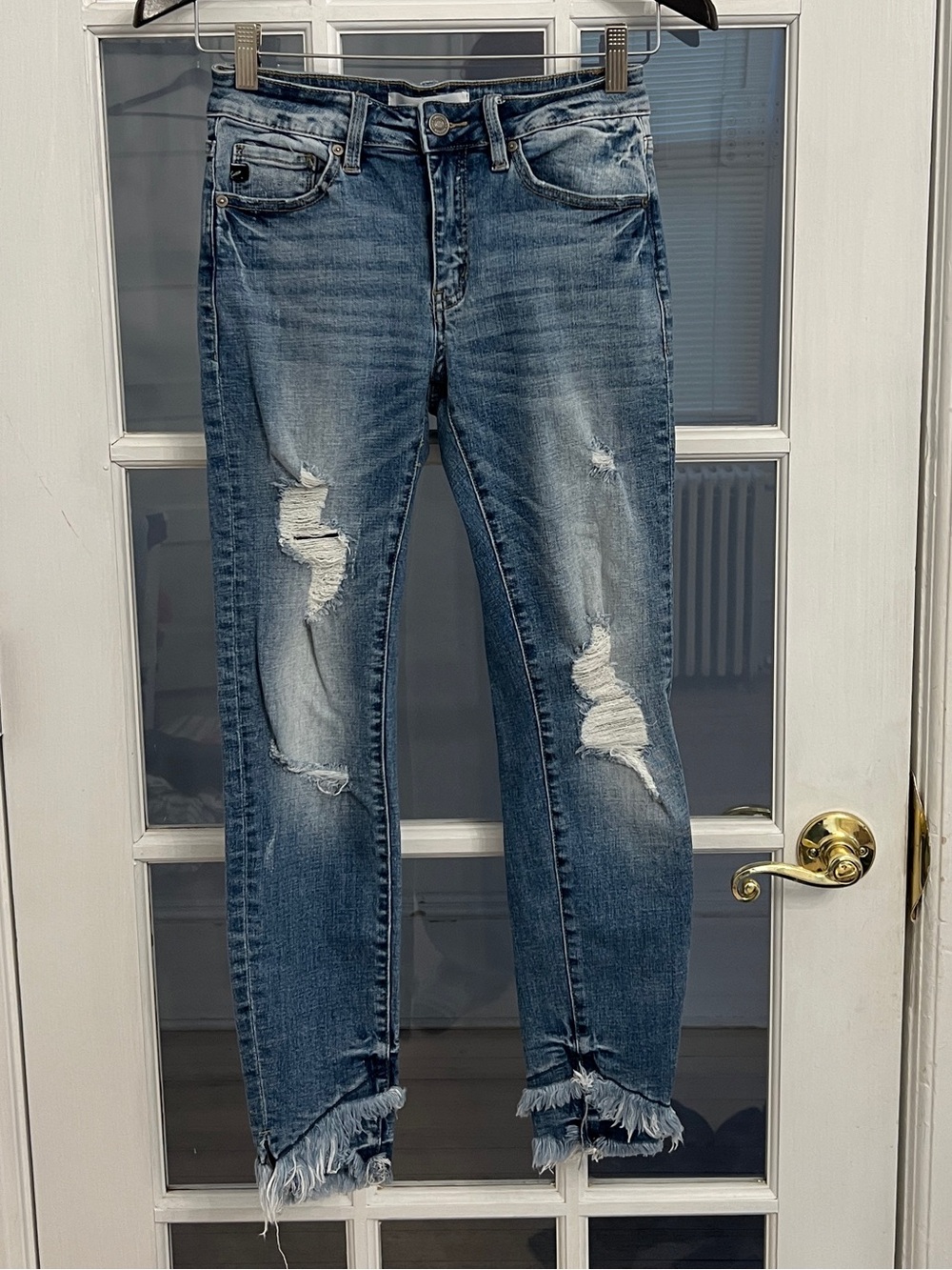 KANCAN Women’s Nala Mid Rise Distressed Ankle Skinny Jeans Frayed Hem 26